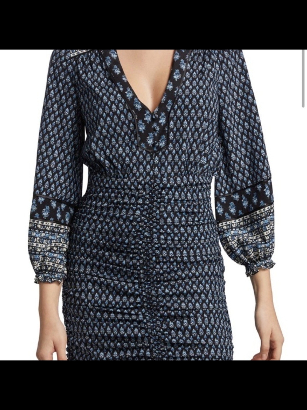 Veronica Beard Navy and Light Blue Printed Long Sleeve Smocked Dress